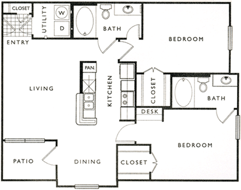 Floor plan for 2 beds, 2 baths, 1017 sqft